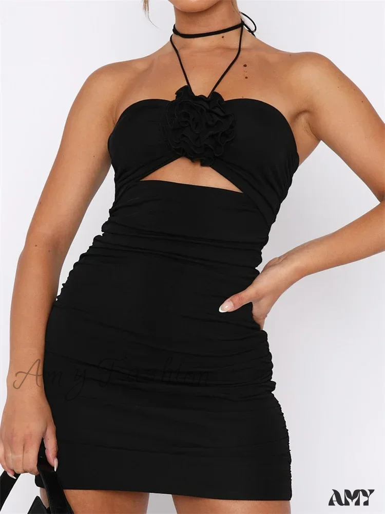 Amy Fashion - Flower Patchwork Sexy Halter Backless Off Shoulder Hollow Mini Dress - Image 4