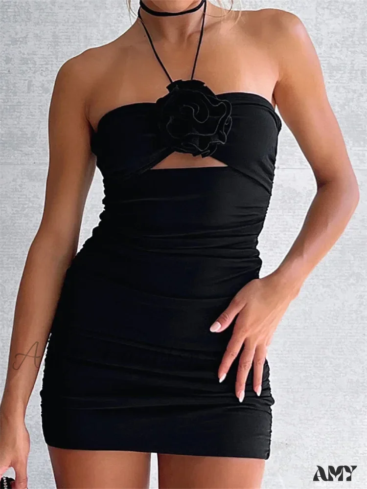 Amy Fashion - Flower Patchwork Sexy Halter Backless Off Shoulder Hollow Mini Dress - Image 7