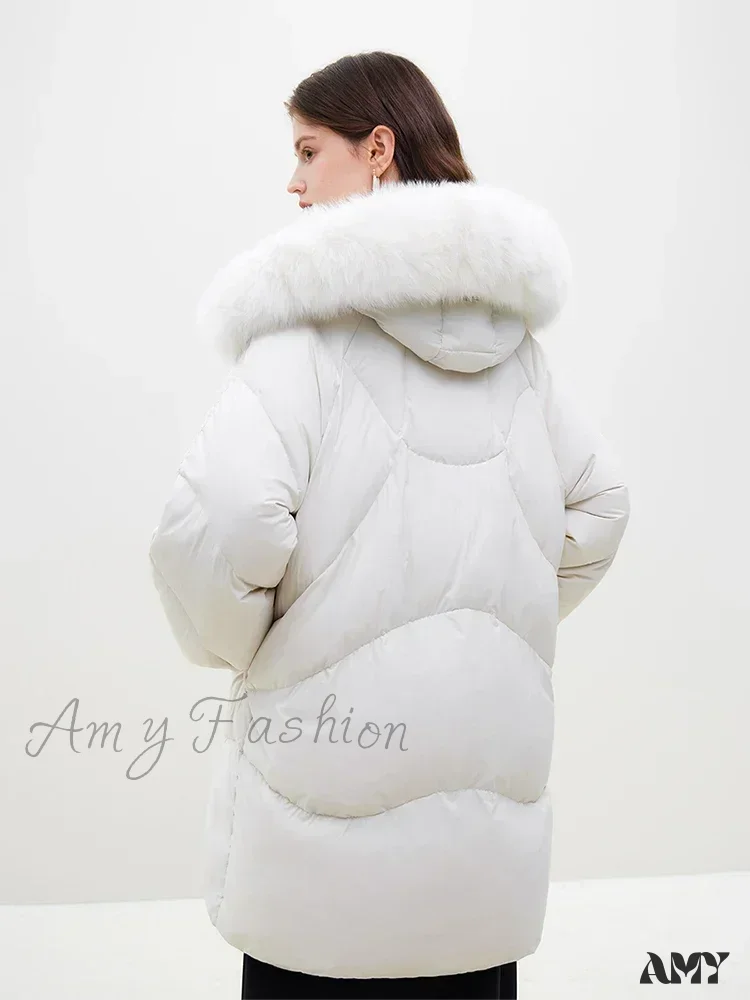Fox Fur Detachable Hooded Mid-Length Black Gentle White Female Long Coat - Image 2