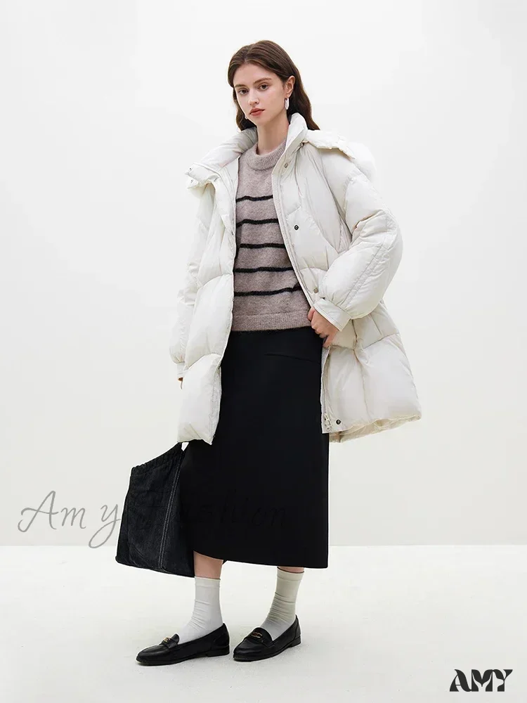Fox Fur Detachable Hooded Mid-Length Black Gentle White Female Long Coat - Image 3