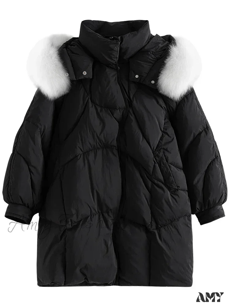 Fox Fur Detachable Hooded Mid-Length Black Gentle White Female Long Coat - Image 4