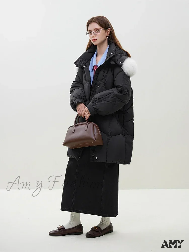 Fox Fur Detachable Hooded Mid-Length Black Gentle White Female Long Coat - Image 5