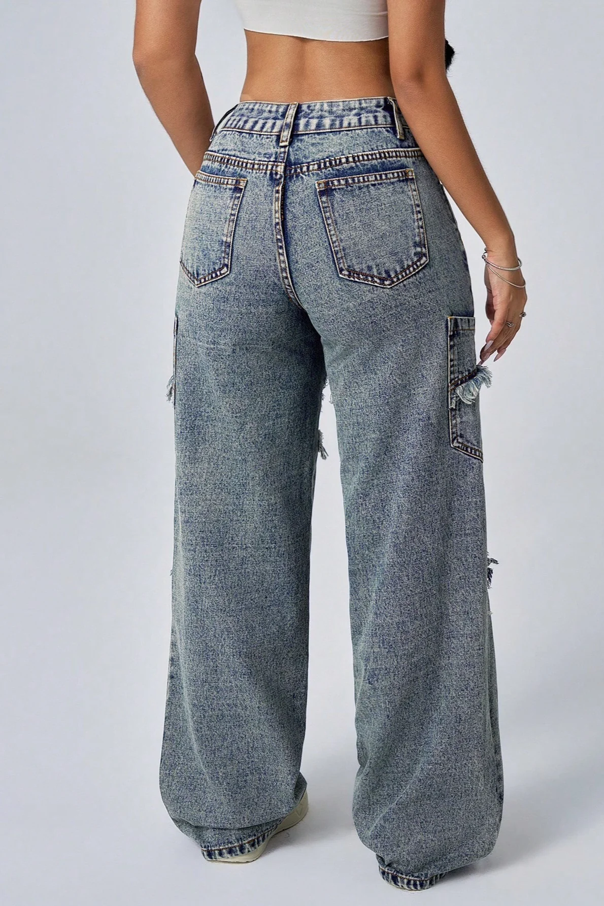 Frayed Patchwork Wide-Leg Loose Denim Jeans - Image 5