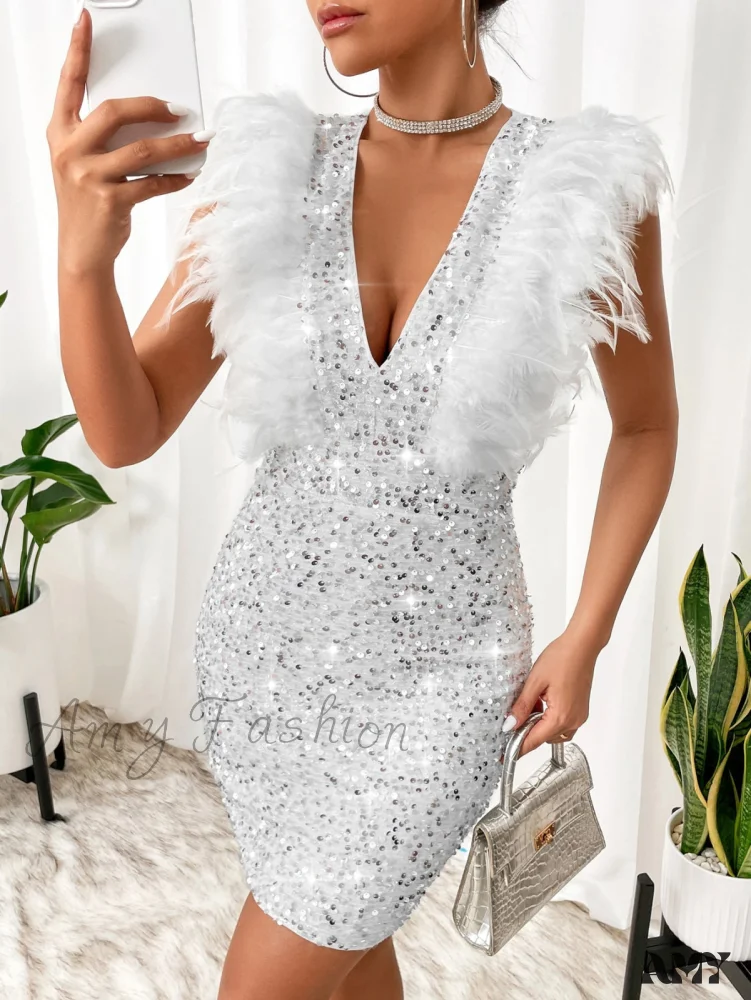 Amy Fashion - Fuzzy Trim Sequin Zip Back Bodycon Dress - Image 9