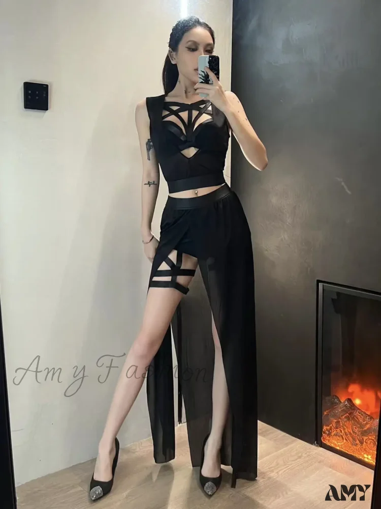 Goth Club Mesh Sexy Black Corsets Skirt Set Women Sleeveless Bra Bandage Slit Skirt Crop Top - Image 2