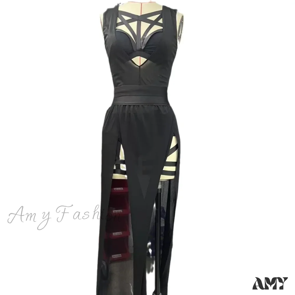 Goth Club Mesh Sexy Black Corsets Skirt Set Women Sleeveless Bra Bandage Slit Skirt Crop Top - Image 5