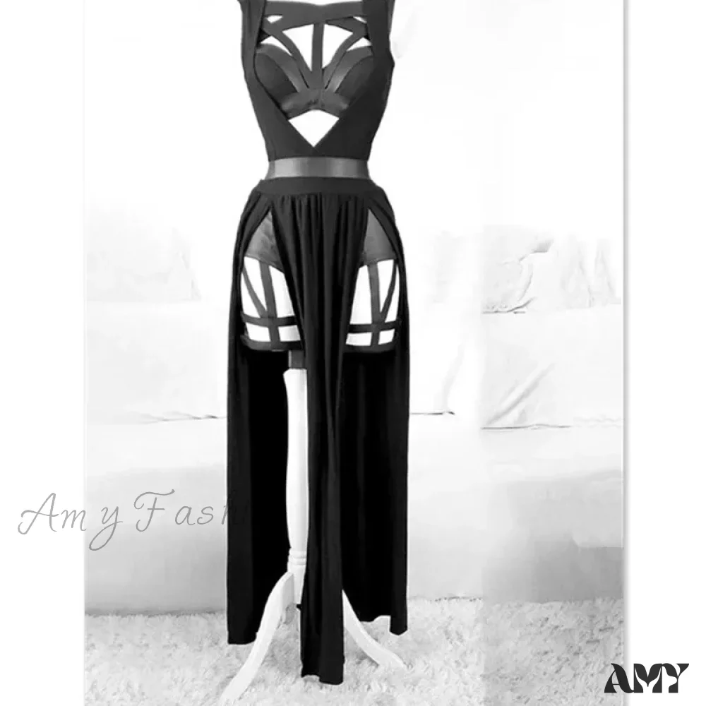 Goth Club Mesh Sexy Black Corsets Skirt Set Women Sleeveless Bra Bandage Slit Skirt Crop Top - Image 6