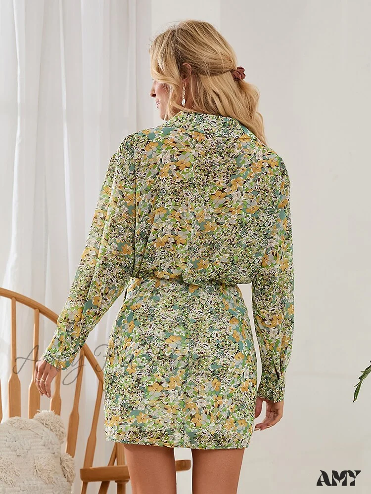 Amy Fashion - Green Ditsy Fitted Waisted Shirt Collar Mini Dress - Image 2