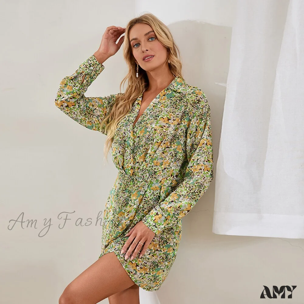 Amy Fashion - Green Ditsy Fitted Waisted Shirt Collar Mini Dress - Image 4