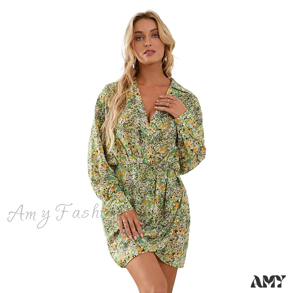 Amy Fashion - Green Ditsy Fitted Waisted Shirt Collar Mini Dress - Image 6