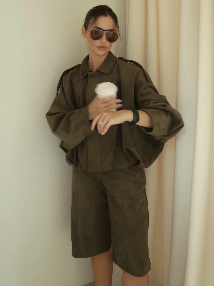 Green Suede Zipper Bomber Coat - Image 2