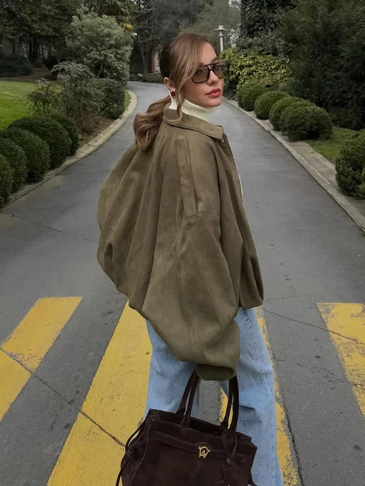 Green Suede Zipper Bomber Coat - Image 3
