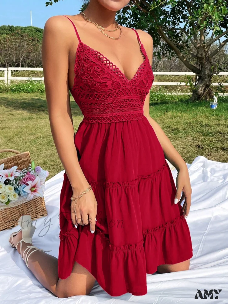 Amy Fashion - Guipure Lace Insert Layered Hem Tie Back Cami Dress - Image 10