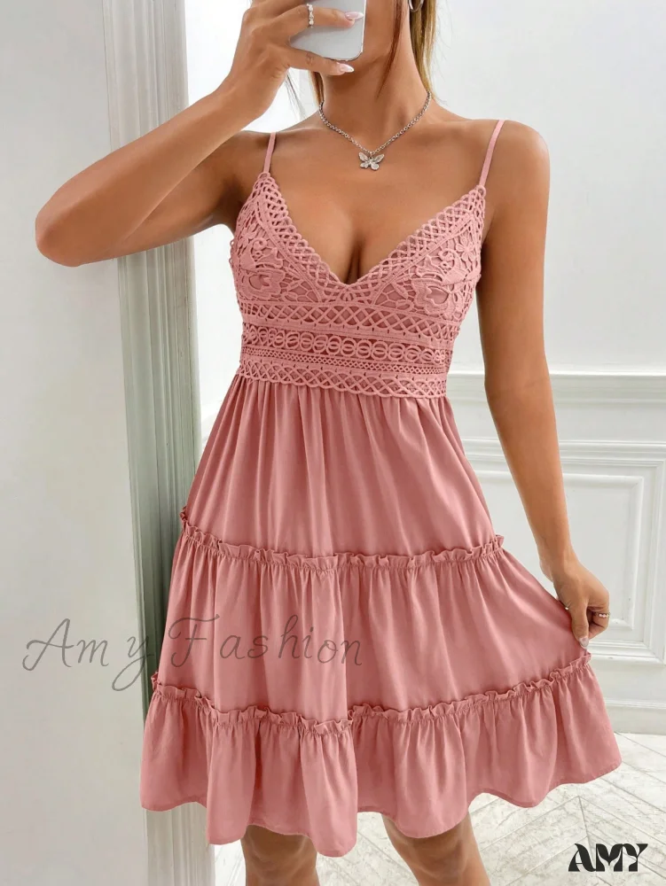 Amy Fashion - Guipure Lace Insert Layered Hem Tie Back Cami Dress - Image 11