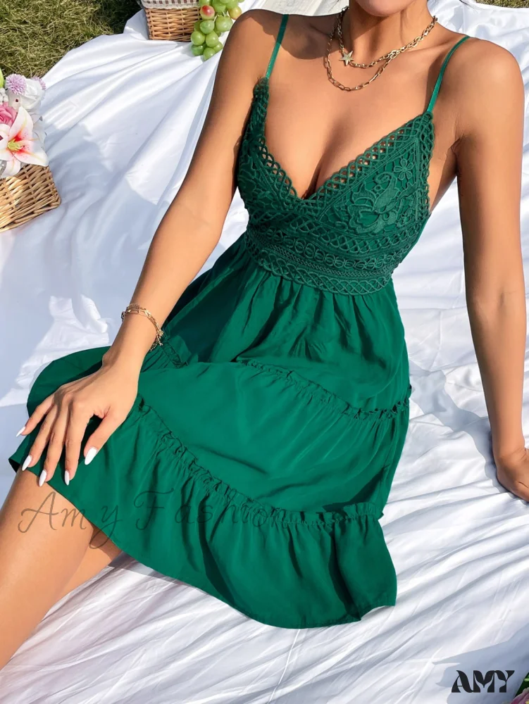 Amy Fashion - Guipure Lace Insert Layered Hem Tie Back Cami Dress - Image 3