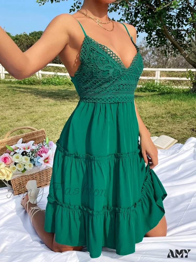 Amy Fashion - Guipure Lace Insert Layered Hem Tie Back Cami Dress - Image 6