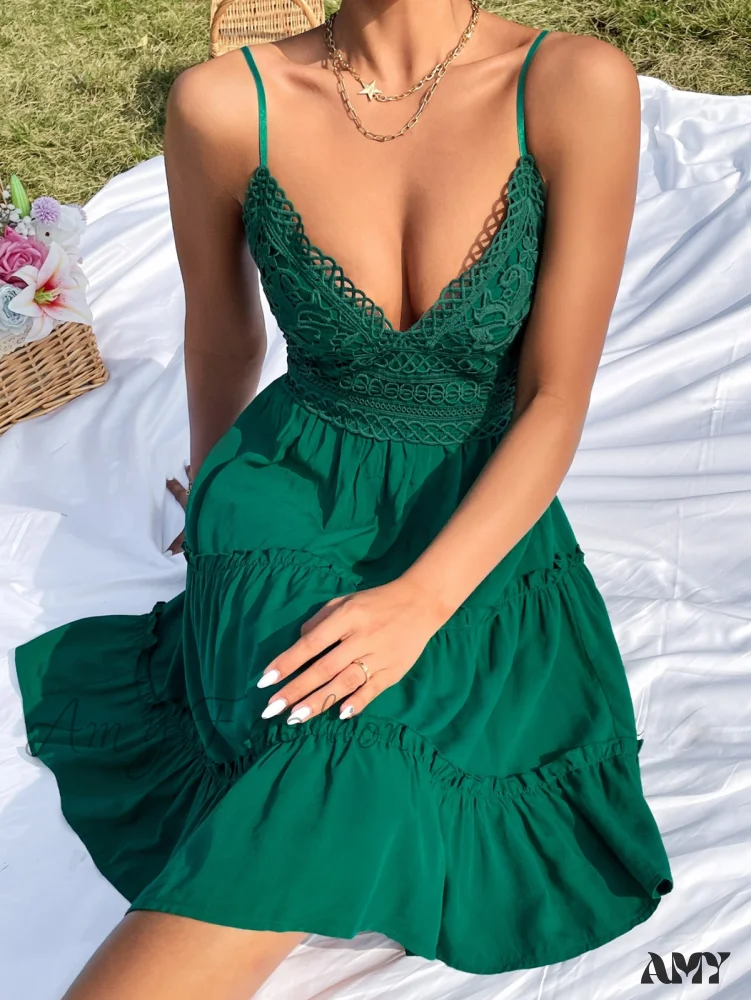 Amy Fashion - Guipure Lace Insert Layered Hem Tie Back Cami Dress - Image 7