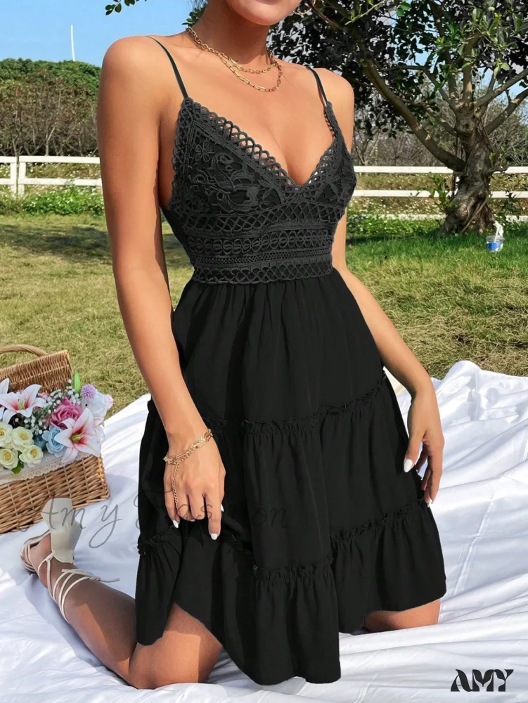 Amy Fashion - Guipure Lace Insert Layered Hem Tie Back Cami Dress - Image 8
