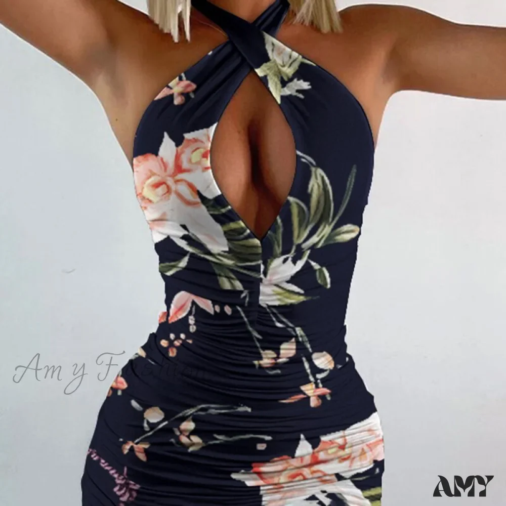 Amy Fashion - Halter Cut-Out Ruched Floral Print Bodycon Mini Dress - Image 3