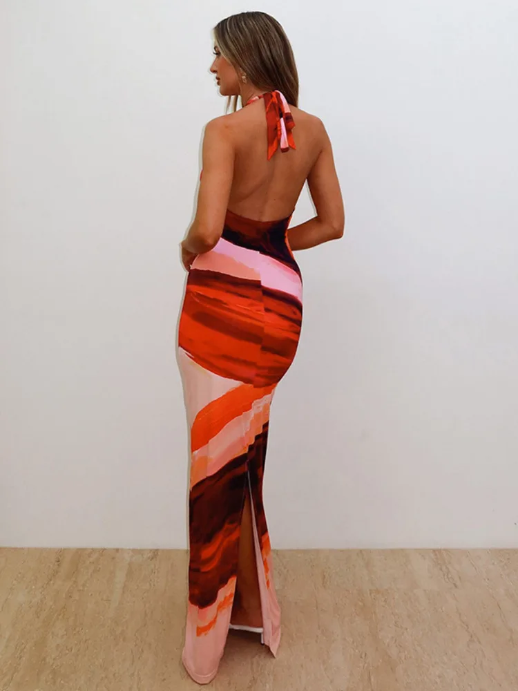 Halter Deep V Neck Lace-up Sleeveless Backless Vacation Dress - Image 2