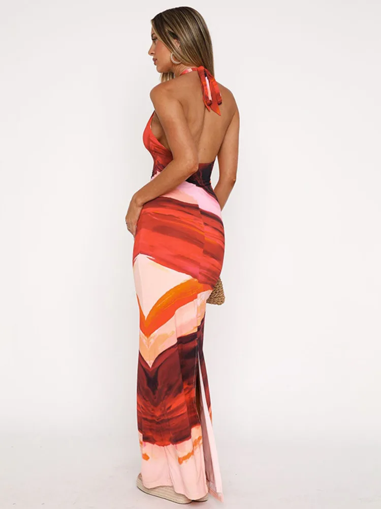 Halter Deep V Neck Lace-up Sleeveless Backless Vacation Dress - Image 5