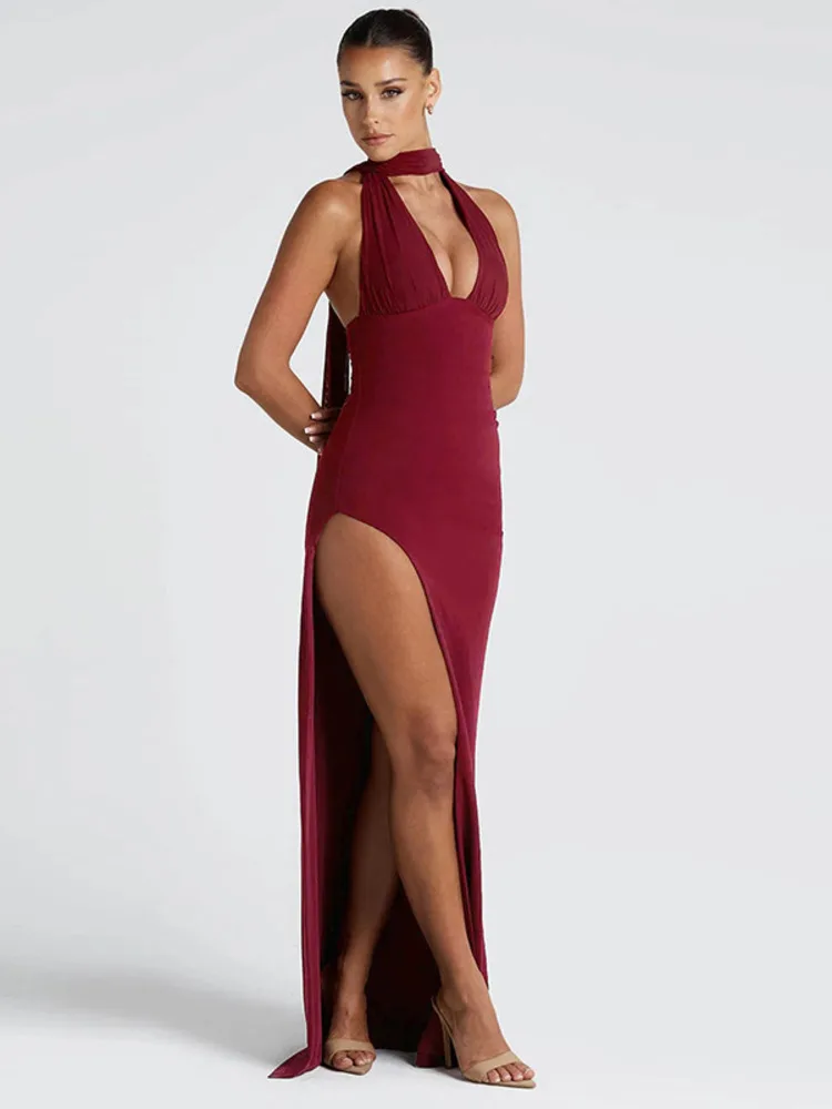 Halter Deep V Split Maxi Bodycon Dress - Image 3
