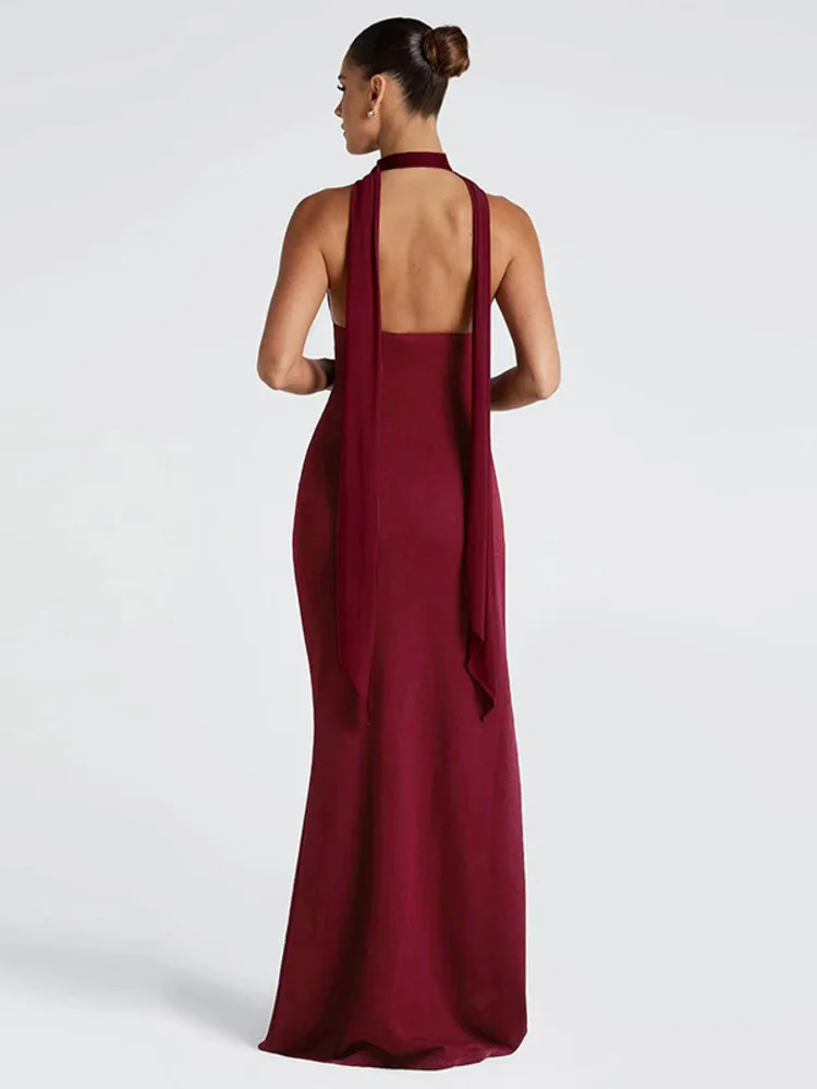 Halter Deep V Split Maxi Bodycon Dress - Image 4