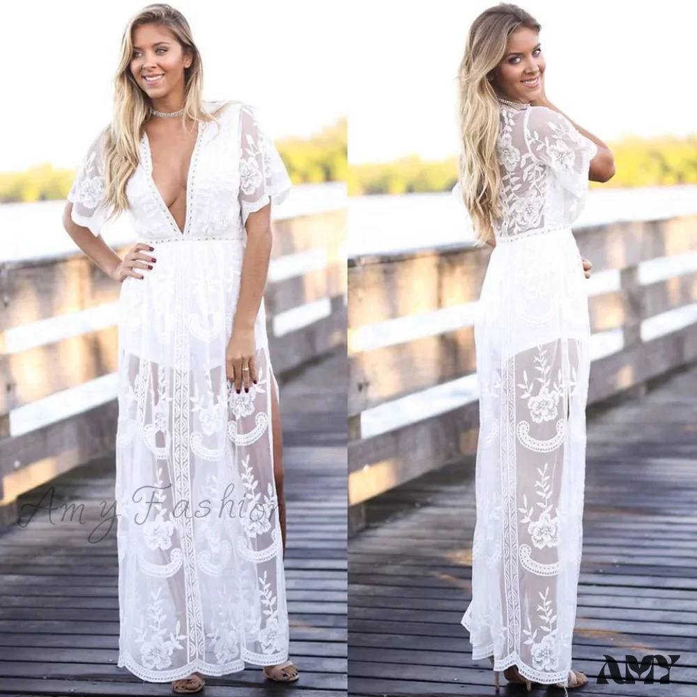 Amy Fashion - Solid Short Sleeve Beach Sexy Loose Bohemian Maxi Dress - Image 3