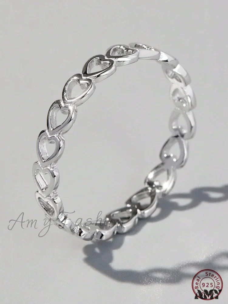 Amy Fashion - Heart Design Silver Wedding Band Ring - Image 4
