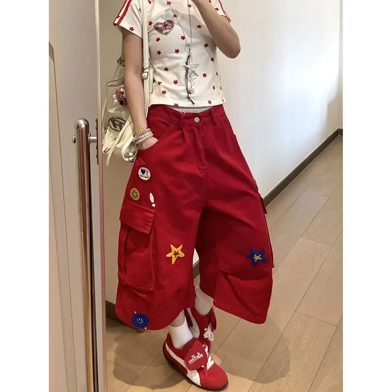 Heart Print Red Denim Calf Pant - Image 2
