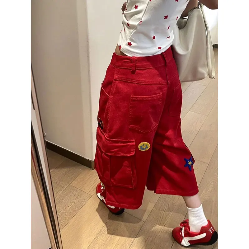 Heart Print Red Denim Calf Pant - Image 4