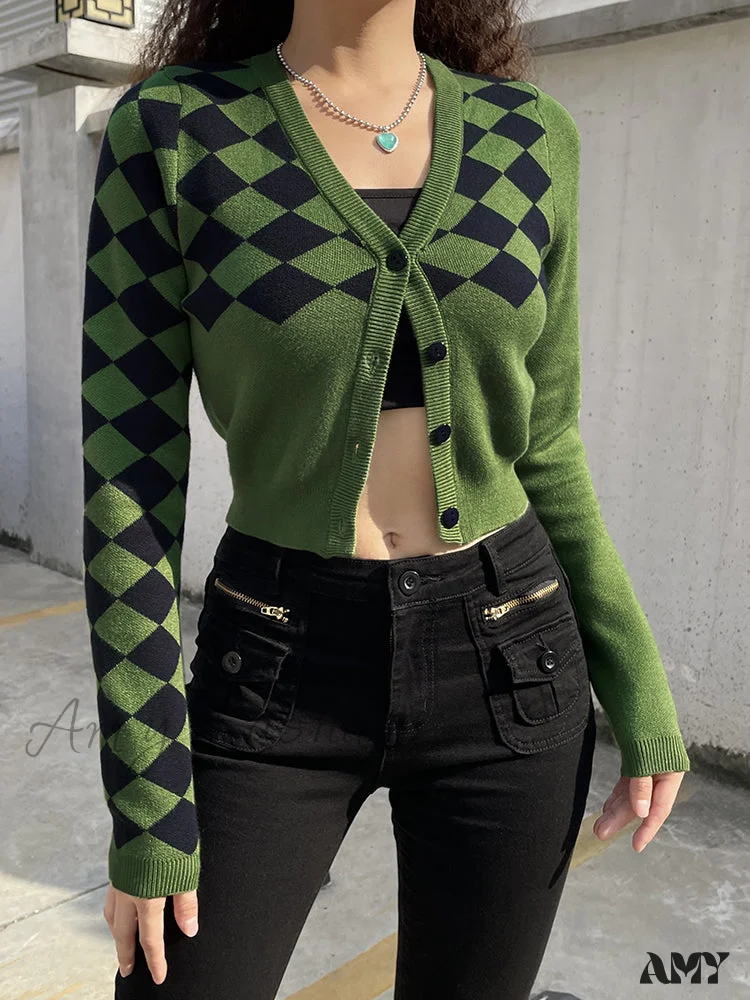 Amy Fashion - Fashion Plaid Green Cropped Knitted Cardigan - Image 2