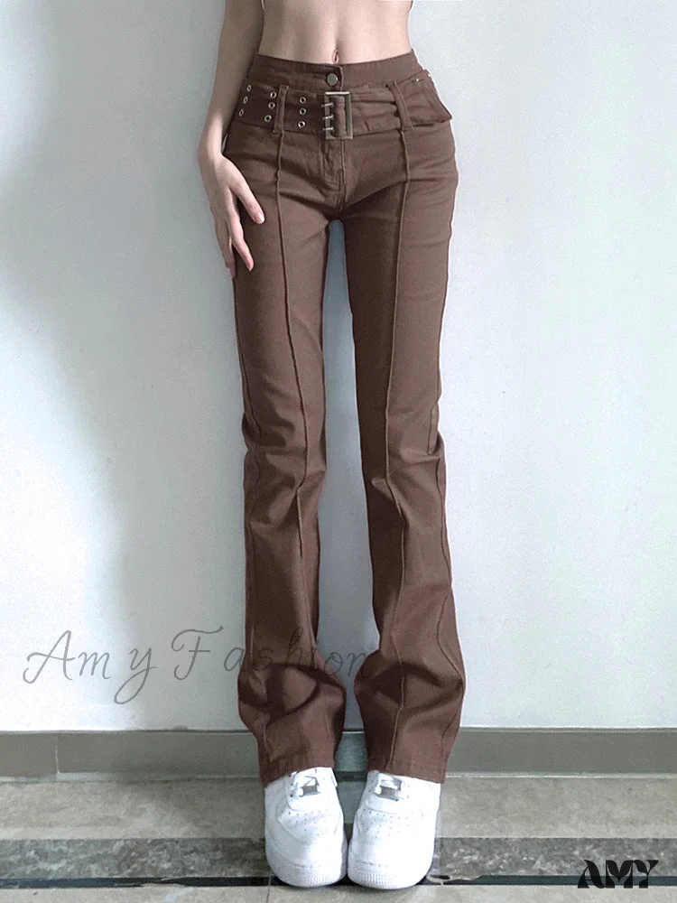 Amy Fashion - Brown Vintage Flared Hight Waist Jeans