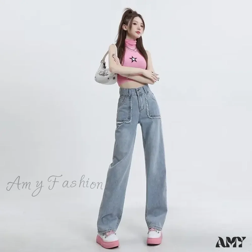 Amy Fashion - High End Raw Edge Stitching Design Lifting Buttocks Slimming Straight Wash Summer Denim Jean