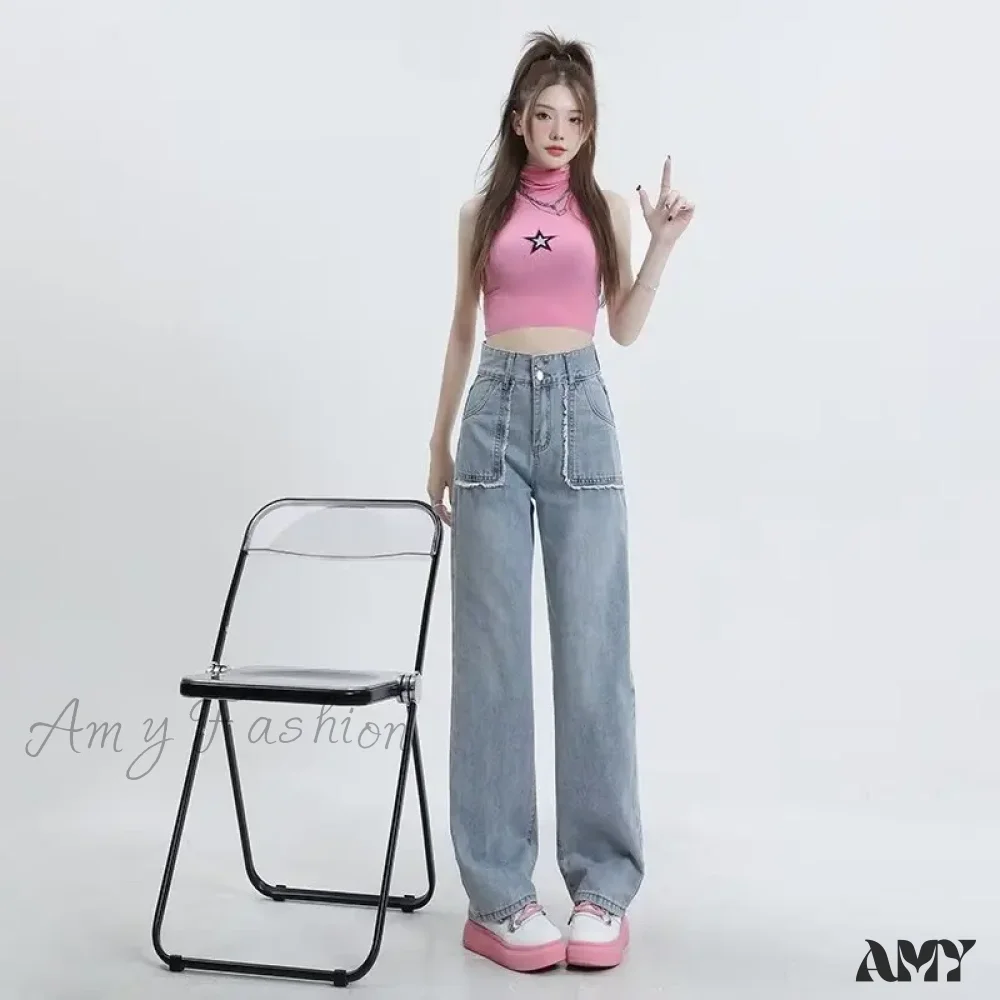 Amy Fashion - High End Raw Edge Stitching Design Lifting Buttocks Slimming Straight Wash Summer Denim Jean - Image 2