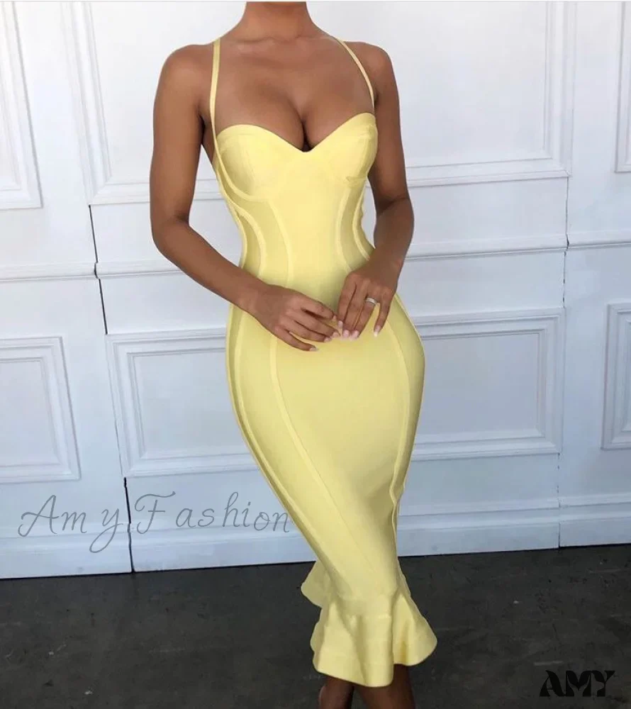 Amy Fashion - Pink Yellow Knee Length Rayon Bandage Midi Dress