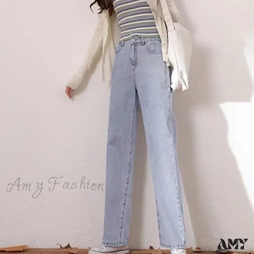 Amy Fashion - High Quality Vintage Blue Wide-Leg Straight Fashion Jean