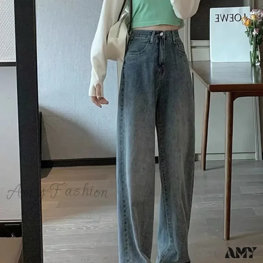 Amy Fashion - High Quality Vintage Blue Wide-Leg Straight Fashion Jean