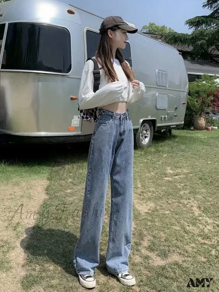 Amy Fashion - High Quality Vintage Blue Wide-Leg Straight Fashion Jean