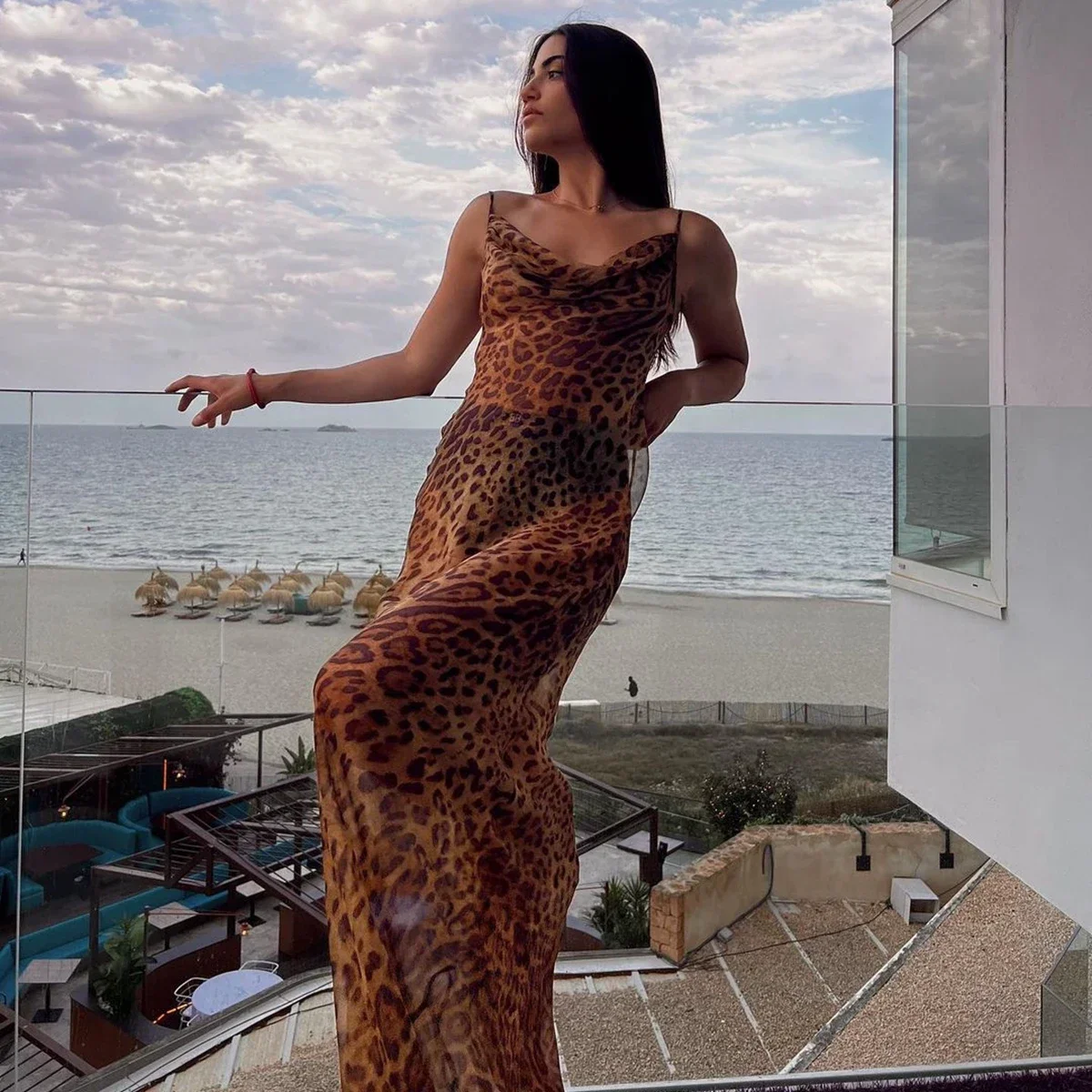 High Split Leopard See-through Vacation Dress - Image 2
