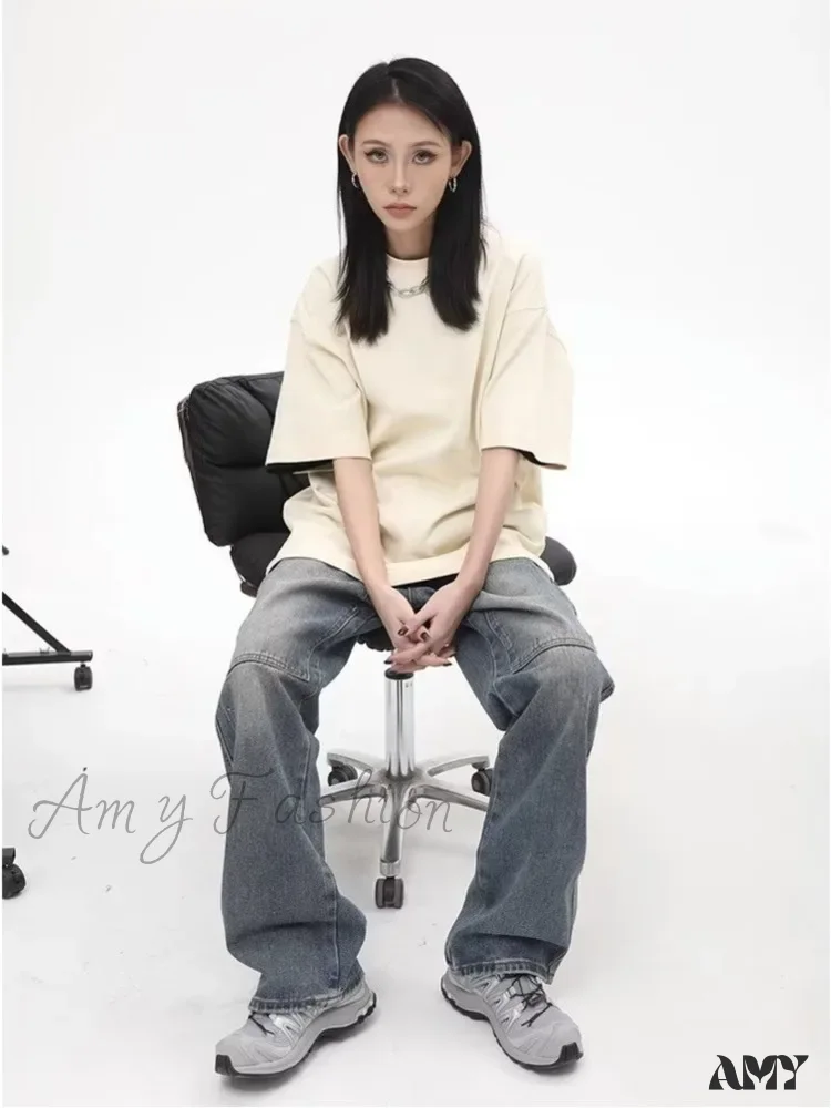Amy Fashion - High Street Fashion Brand Made Old Wash Zipper Pocket Woodcut Vintage Loose Straight Leg Jean