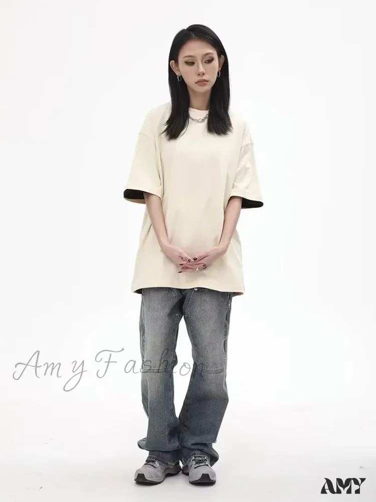 Amy Fashion - High Street Fashion Brand Made Old Wash Zipper Pocket Woodcut Vintage Loose Straight Leg Jean - Image 2