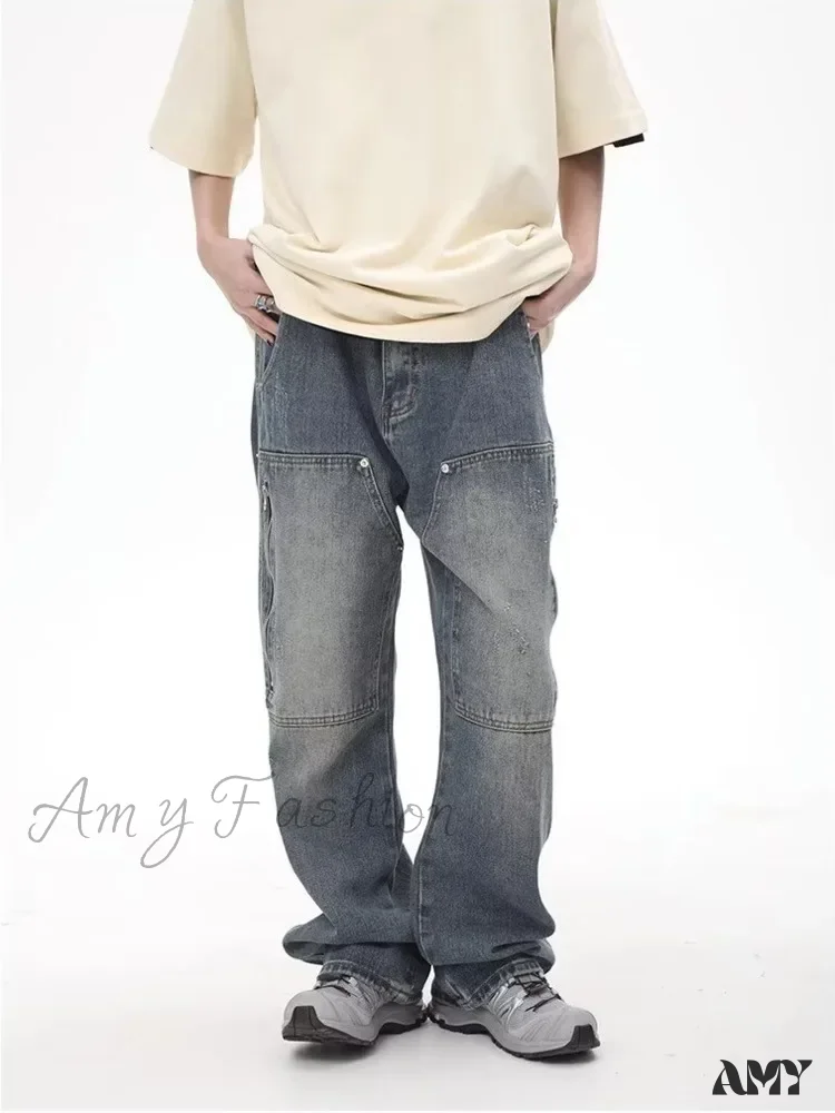 Amy Fashion - High Street Fashion Brand Made Old Wash Zipper Pocket Woodcut Vintage Loose Straight Leg Jean - Image 4