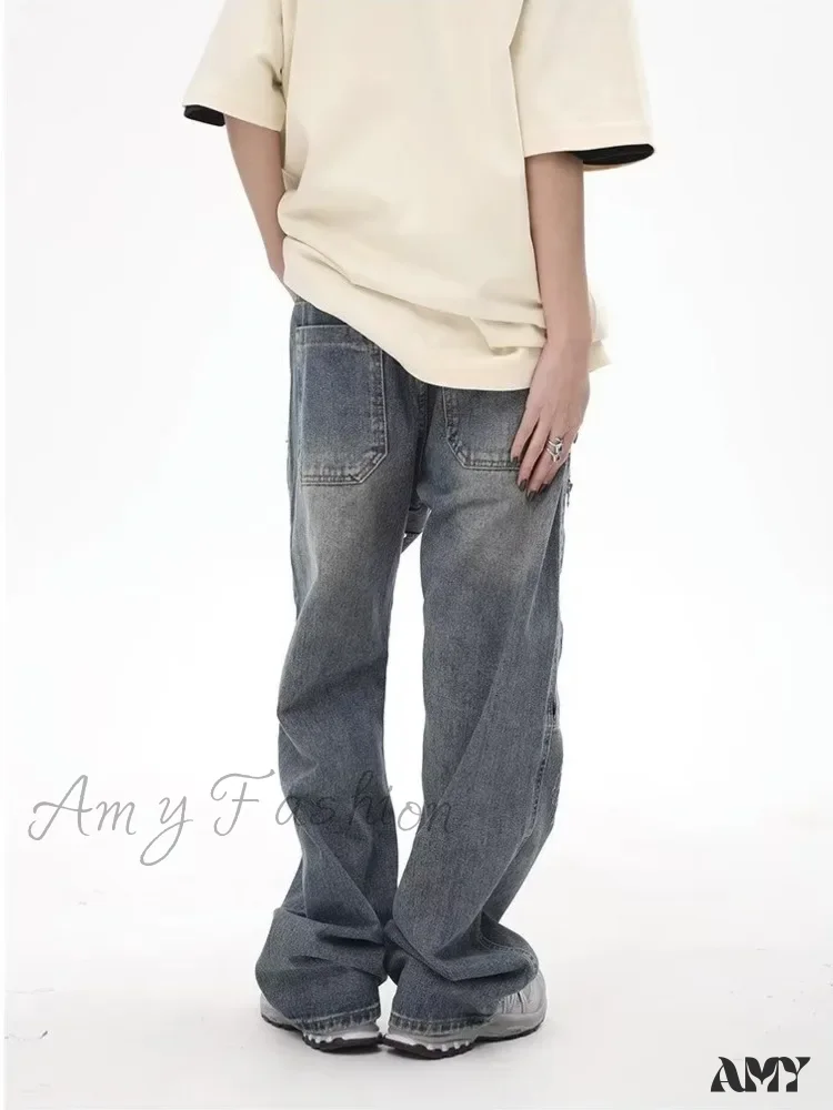 Amy Fashion - High Street Fashion Brand Made Old Wash Zipper Pocket Woodcut Vintage Loose Straight Leg Jean - Image 5