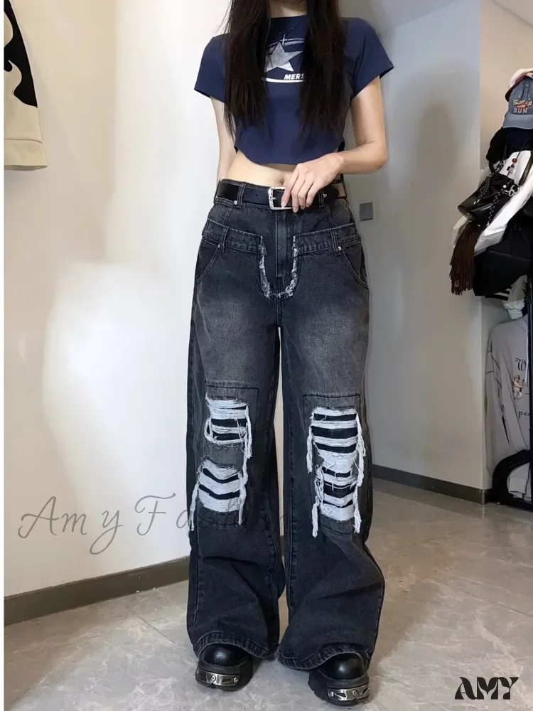 Amy Fashion - High Street Niche Design Washed Straight Tube Loose Fitting Retro Trendy Women's Jean