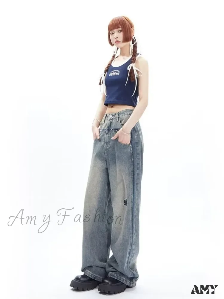 Amy Fashion - High Street Niche Design Wide Leg Washed For Men And Women Straight Tube Loose Fitting Retro Pants Trendy Women's Jean - Image 5