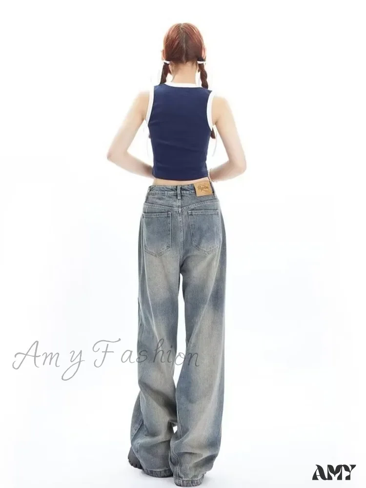Amy Fashion - High Street Niche Design Wide Leg Washed For Men And Women Straight Tube Loose Fitting Retro Pants Trendy Women's Jean - Image 6
