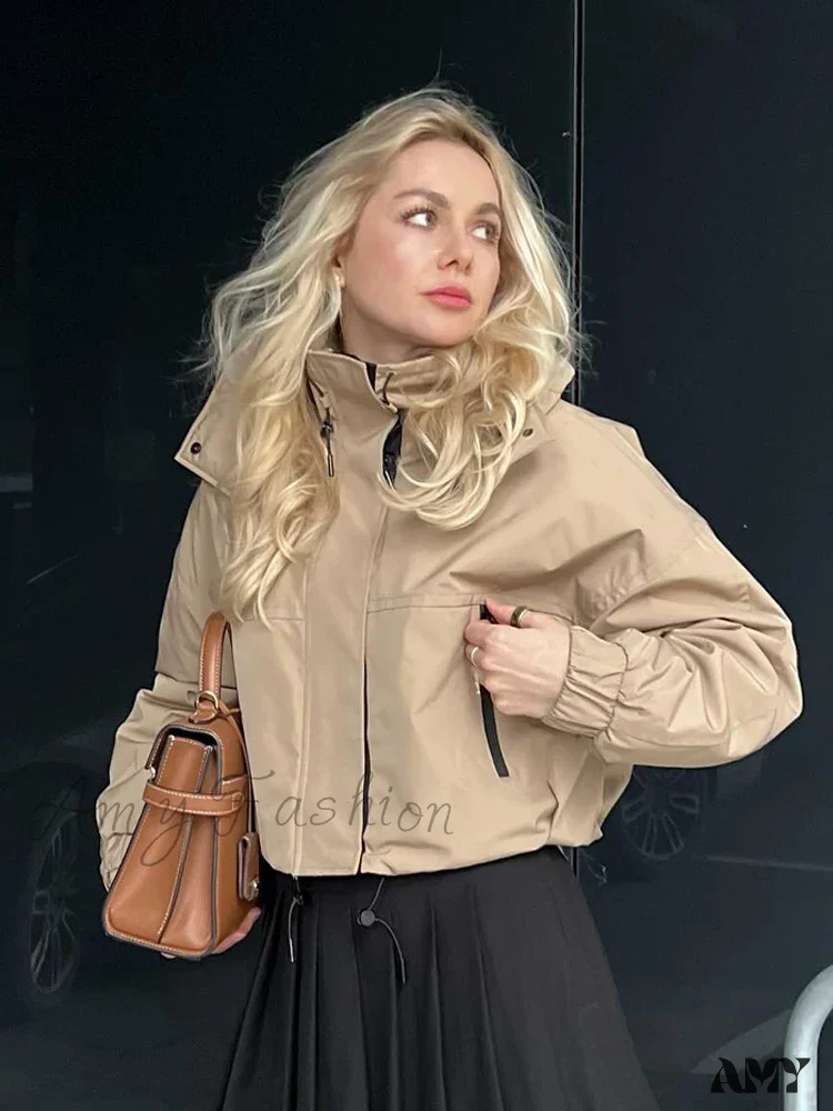 High Street Solid Turtleneck Hooded Long Sleeves Pocket Buttons Zipper Winter Short Coat - Image 2