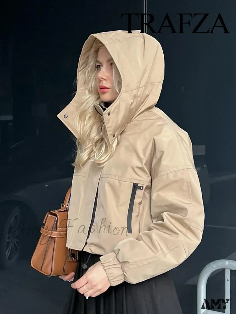 High Street Solid Turtleneck Hooded Long Sleeves Pocket Buttons Zipper Winter Short Coat - Image 3