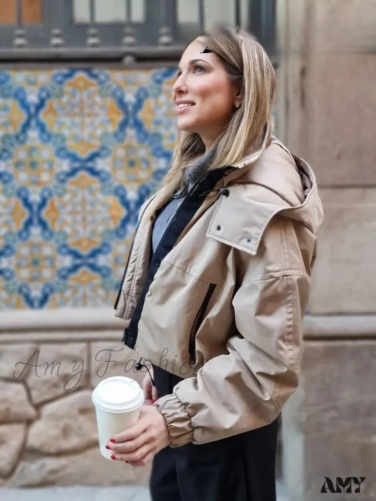 High Street Solid Turtleneck Hooded Long Sleeves Pocket Buttons Zipper Winter Short Coat - Image 5